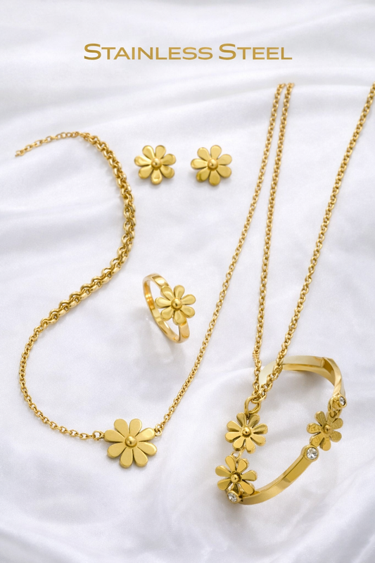 GOLD FLORAL STAINLESS STEEL JEWELRY SET