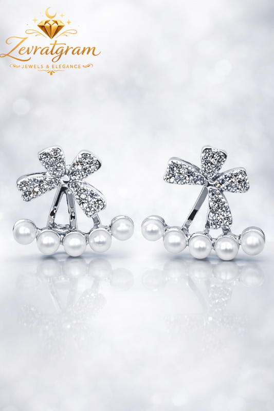 CRYSTAL BOW PEARL DROP JACKET SILVER EARRINGS